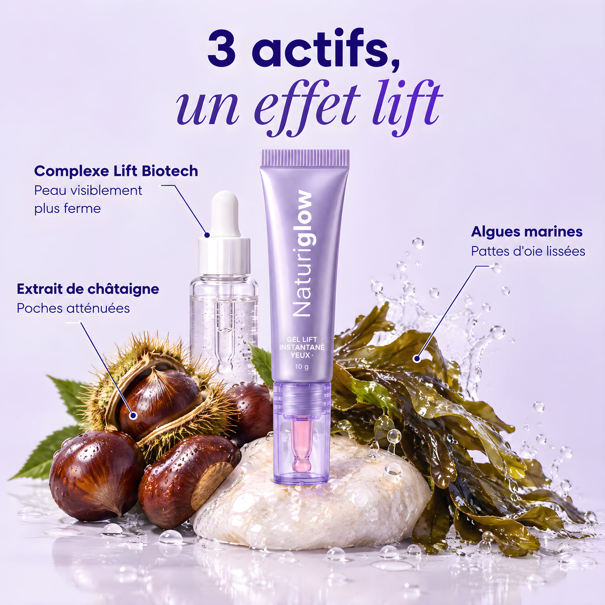 3 actifs : Complexe Lift Biotech, extrait de châtaigne et algues marines